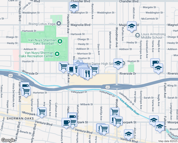 map of restaurants, bars, coffee shops, grocery stores, and more near 13925 Riverside Drive in Los Angeles
