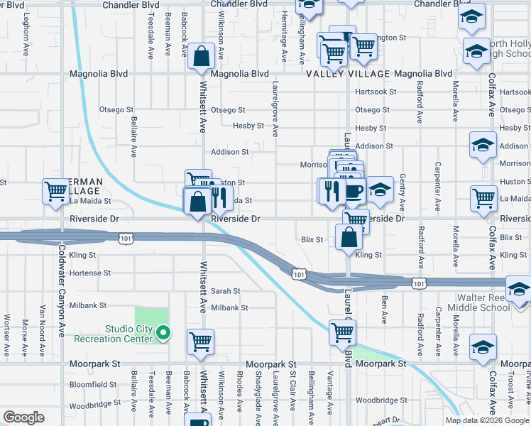 map of restaurants, bars, coffee shops, grocery stores, and more near 12321 Riverside Drive in Los Angeles