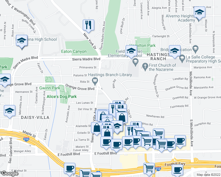 map of restaurants, bars, coffee shops, grocery stores, and more near 685 Rim Road in Pasadena