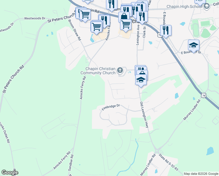 map of restaurants, bars, coffee shops, grocery stores, and more near 165 Fair Haven Way in Chapin