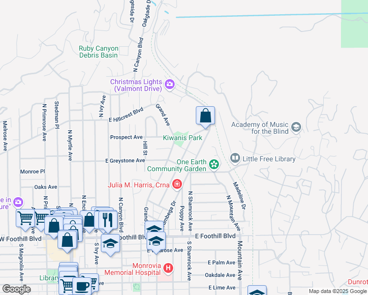 map of restaurants, bars, coffee shops, grocery stores, and more near 337 Valle Vista Avenue in Monrovia