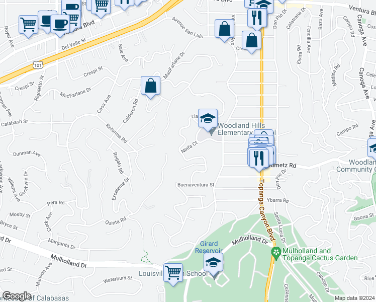 map of restaurants, bars, coffee shops, grocery stores, and more near 22262 Ninfa Court in Los Angeles