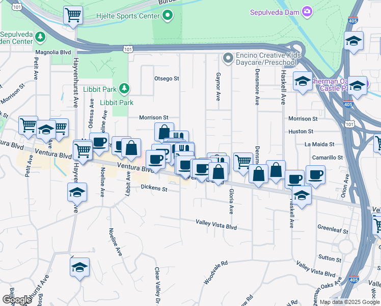 map of restaurants, bars, coffee shops, grocery stores, and more near 4831 Collett Ave in Los Angeles