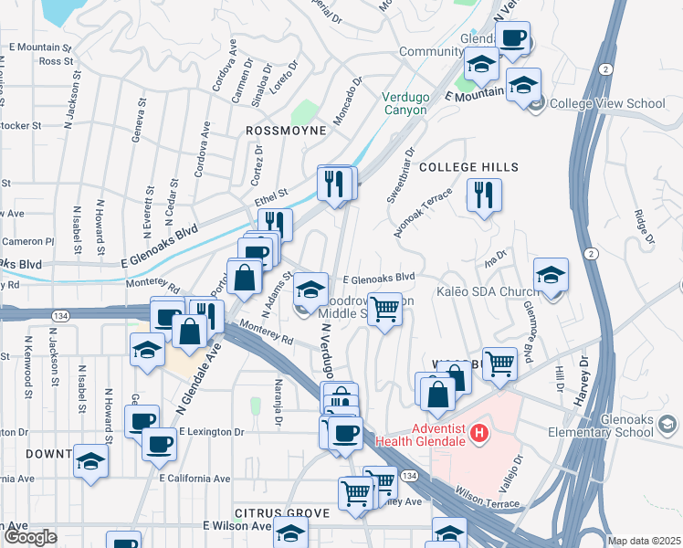 map of restaurants, bars, coffee shops, grocery stores, and more near 1305 East Glenoaks Boulevard in Glendale