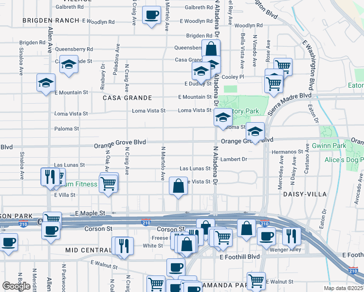 map of restaurants, bars, coffee shops, grocery stores, and more near 2374 East Orange Grove Boulevard in Pasadena