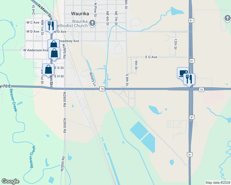 map of restaurants, bars, coffee shops, grocery stores, and more near D2810 Road in Waurika