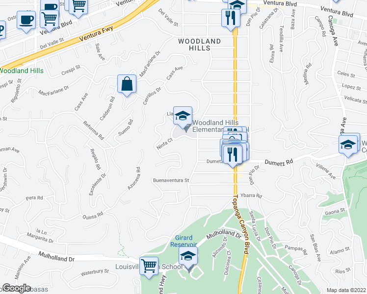 map of restaurants, bars, coffee shops, grocery stores, and more near 4920 Llano Drive in Los Angeles
