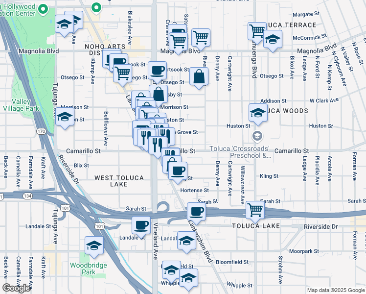 map of restaurants, bars, coffee shops, grocery stores, and more near 4806 Cleon Avenue in Los Angeles
