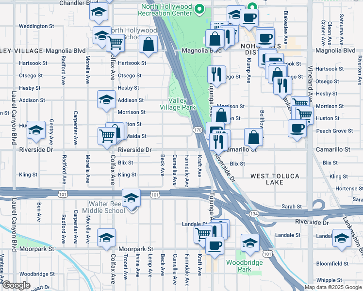 map of restaurants, bars, coffee shops, grocery stores, and more near 11473 Riverside Drive in Los Angeles