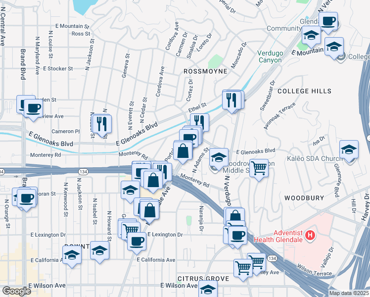 map of restaurants, bars, coffee shops, grocery stores, and more near 804 1/2 North Glendale Avenue in Glendale