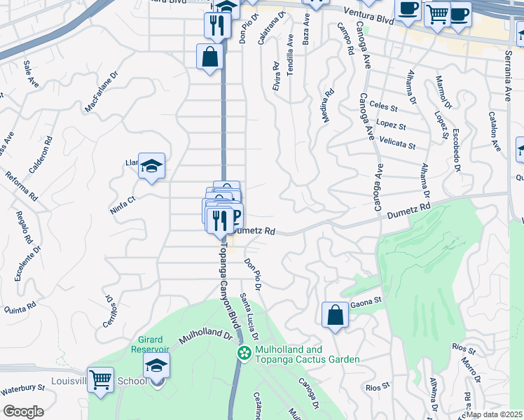 map of restaurants, bars, coffee shops, grocery stores, and more near 21827 Providencia Street in Los Angeles
