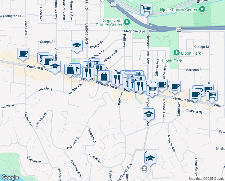 map of restaurants, bars, coffee shops, grocery stores, and more near 16710 Ventura Boulevard in Los Angeles