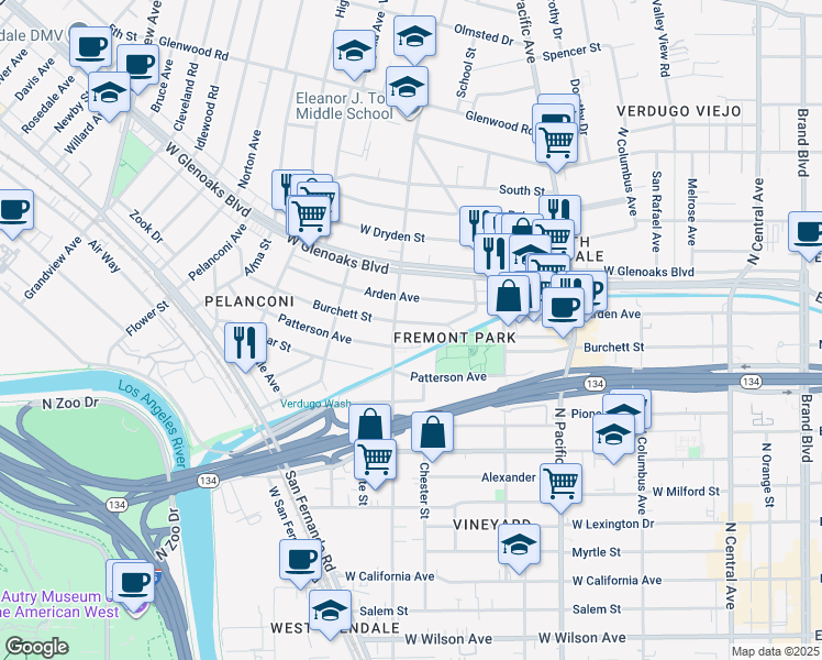 map of restaurants, bars, coffee shops, grocery stores, and more near 684 Burchett Street in Glendale