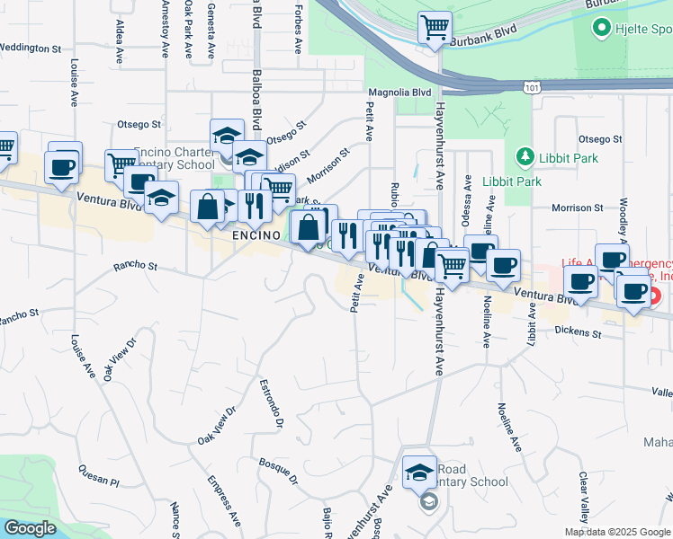 map of restaurants, bars, coffee shops, grocery stores, and more near 16656 Ventura Boulevard in Los Angeles