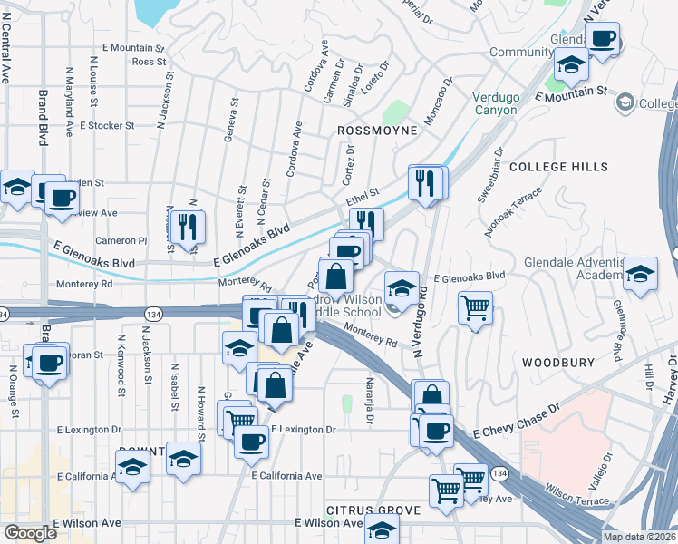 map of restaurants, bars, coffee shops, grocery stores, and more near 803 North Glendale Avenue in Glendale