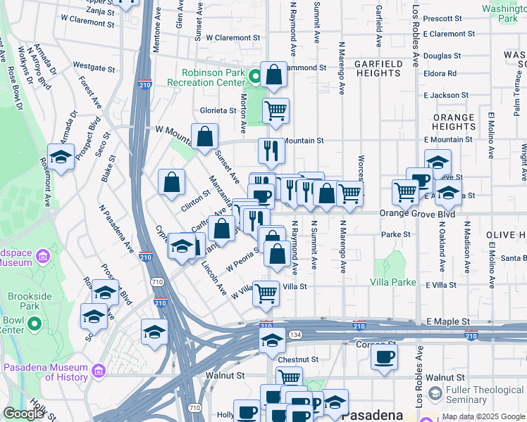 map of restaurants, bars, coffee shops, grocery stores, and more near 953 North Orange Grove Boulevard in Pasadena
