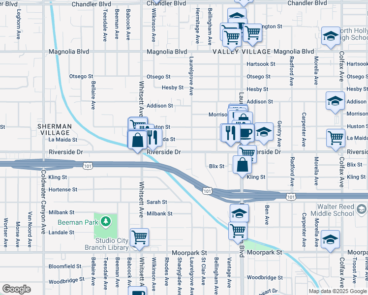 map of restaurants, bars, coffee shops, grocery stores, and more near 4809 Laurelgrove Avenue in Los Angeles