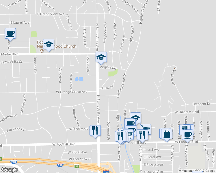 map of restaurants, bars, coffee shops, grocery stores, and more near 35 Ontare Road in Arcadia