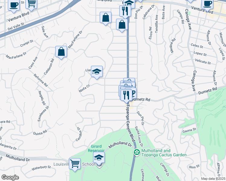 map of restaurants, bars, coffee shops, grocery stores, and more near 22101 Providencia Street in Los Angeles