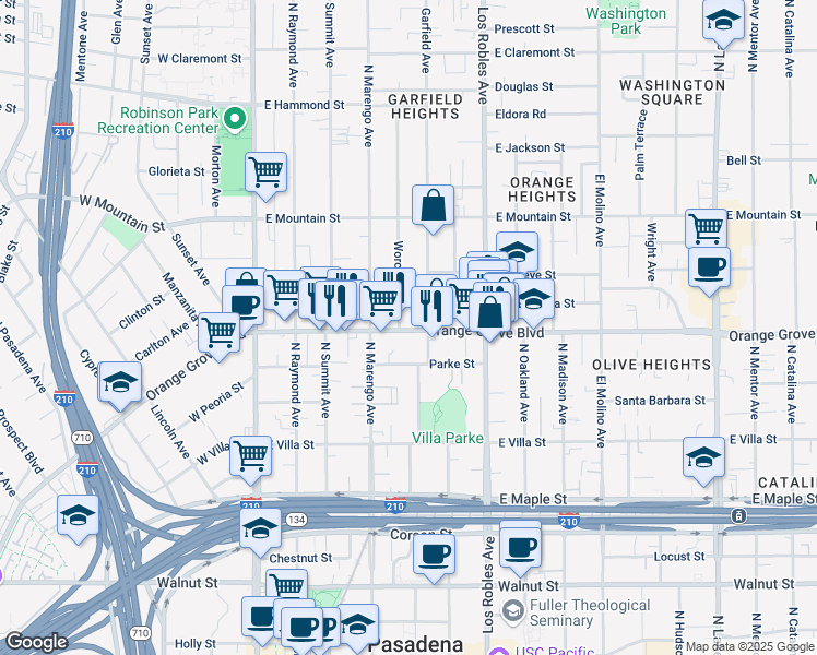 map of restaurants, bars, coffee shops, grocery stores, and more near 289 East Orange Grove Boulevard in Pasadena