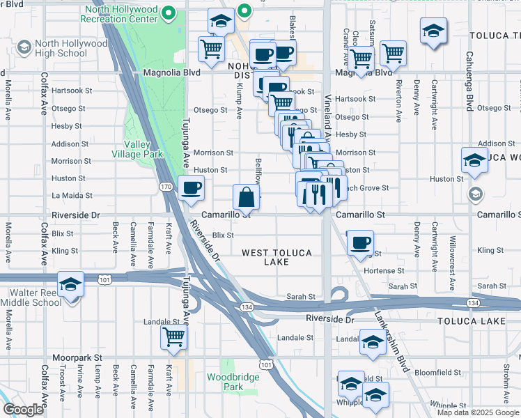 map of restaurants, bars, coffee shops, grocery stores, and more near 11151 Camarillo Street in Los Angeles