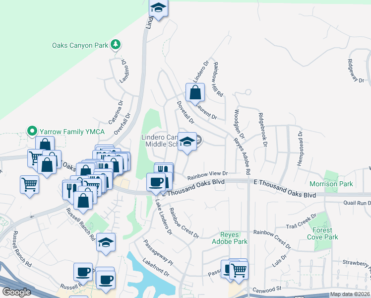 map of restaurants, bars, coffee shops, grocery stores, and more near 5865 Larboard Lane in Agoura Hills