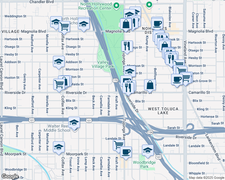 map of restaurants, bars, coffee shops, grocery stores, and more near 11445 Riverside Drive in Los Angeles