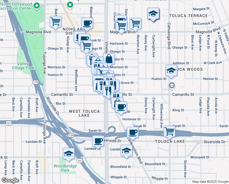 map of restaurants, bars, coffee shops, grocery stores, and more near 10933 Camarillo Street in Los Angeles