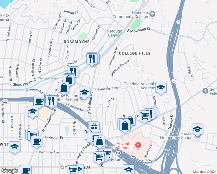 map of restaurants, bars, coffee shops, grocery stores, and more near 900 Glenvista Drive in Glendale