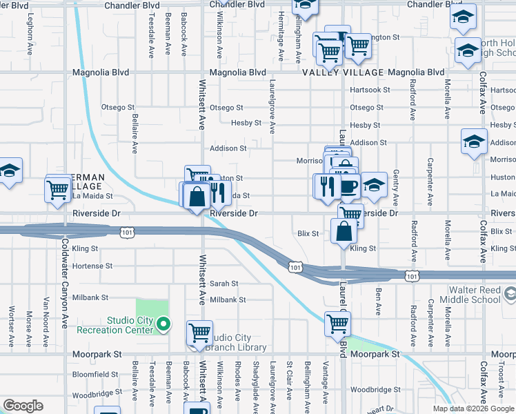 map of restaurants, bars, coffee shops, grocery stores, and more near 12345 Riverside Drive in Los Angeles