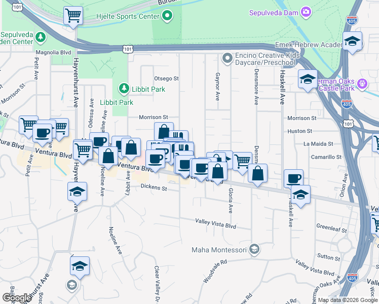map of restaurants, bars, coffee shops, grocery stores, and more near 4831 Collett Avenue in Los Angeles