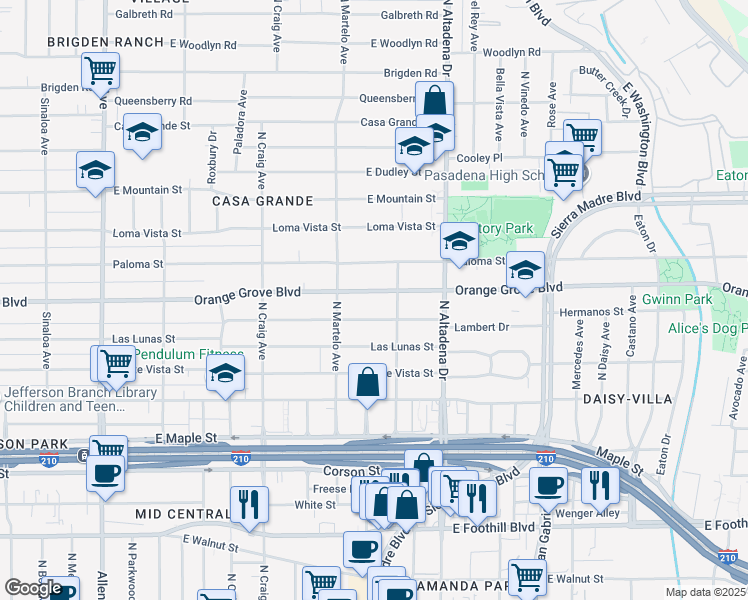 map of restaurants, bars, coffee shops, grocery stores, and more near 2374 East Orange Grove Boulevard in Pasadena