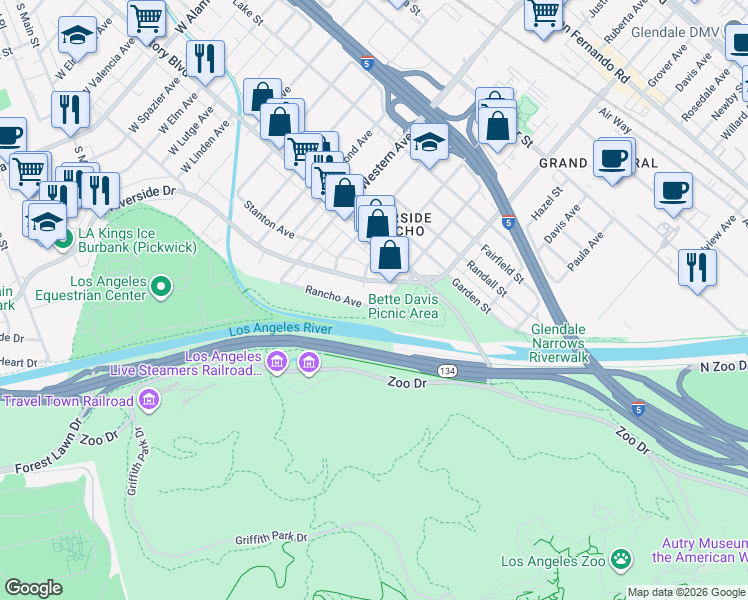 map of restaurants, bars, coffee shops, grocery stores, and more near 1533 Rancho Avenue in Glendale