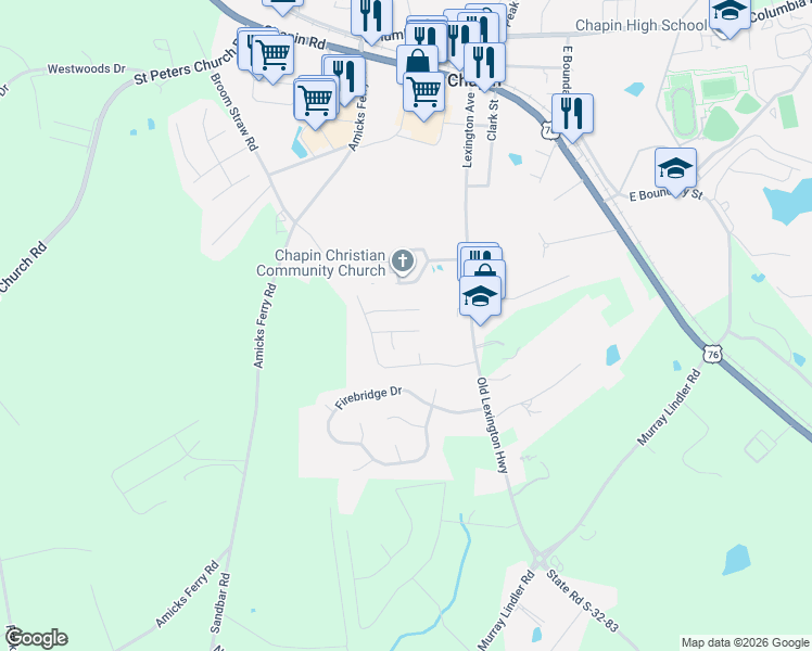 map of restaurants, bars, coffee shops, grocery stores, and more near 119 West Horn Court in Chapin