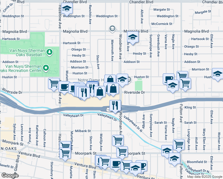 map of restaurants, bars, coffee shops, grocery stores, and more near 13739 Riverside Drive in Los Angeles