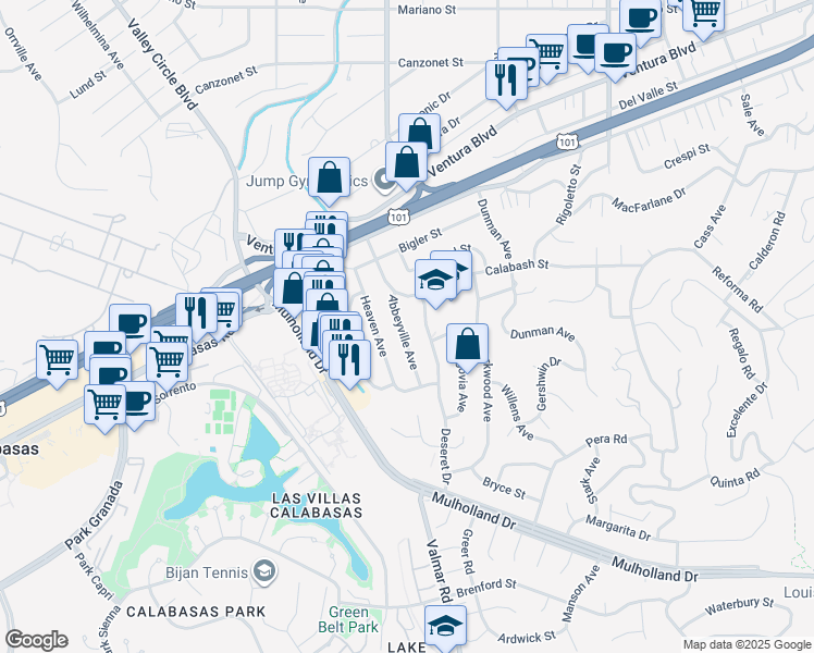 map of restaurants, bars, coffee shops, grocery stores, and more near 4821 Abbeyville Avenue in Los Angeles