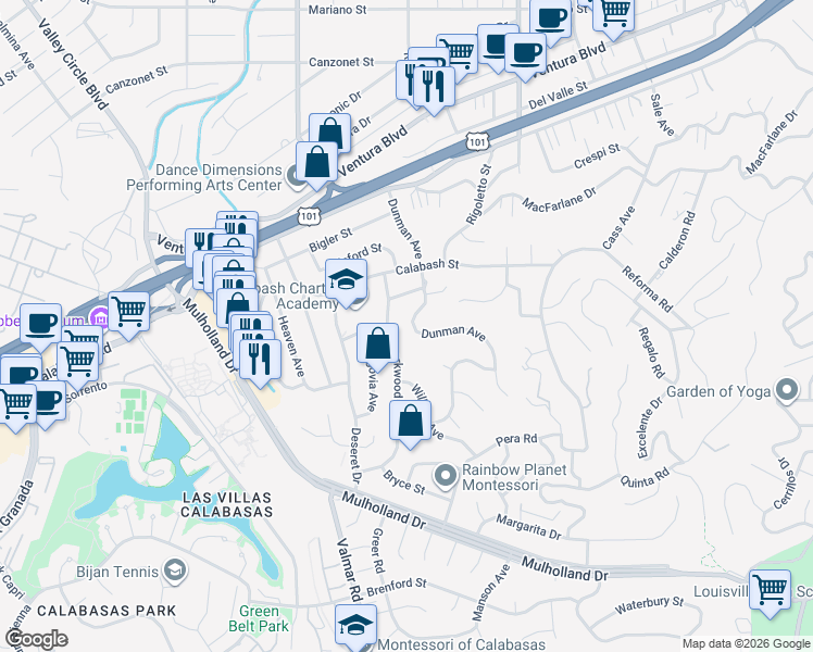 map of restaurants, bars, coffee shops, grocery stores, and more near 4833 Dunman Avenue in Los Angeles