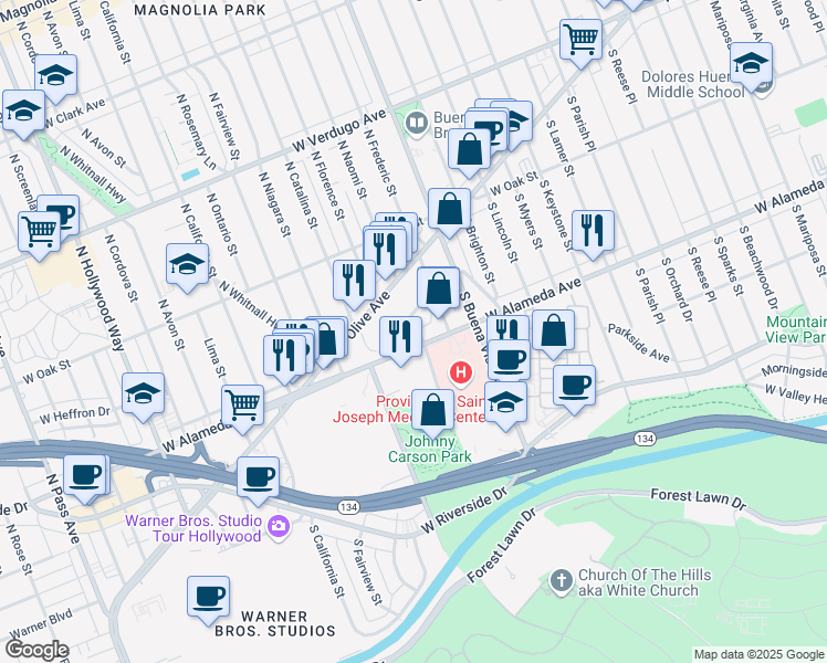 map of restaurants, bars, coffee shops, grocery stores, and more near 2701 West Alameda Avenue in Burbank