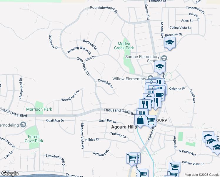 map of restaurants, bars, coffee shops, grocery stores, and more near 29344 Castlehill Drive in Agoura Hills