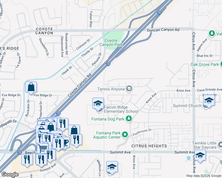 map of restaurants, bars, coffee shops, grocery stores, and more near 15547 Kings Peak Drive in Fontana