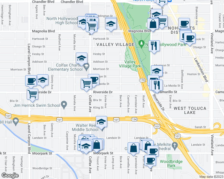 map of restaurants, bars, coffee shops, grocery stores, and more near 11569 Riverside Drive in Los Angeles