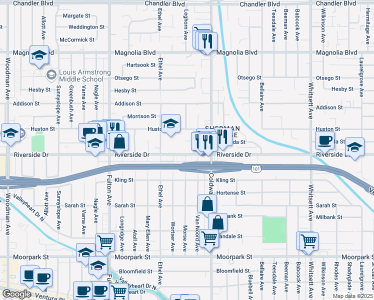 map of restaurants, bars, coffee shops, grocery stores, and more near 12955 Riverside Drive in Los Angeles