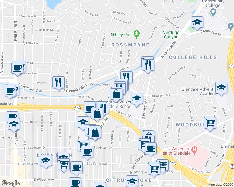 map of restaurants, bars, coffee shops, grocery stores, and more near 803 North Glendale Avenue in Glendale