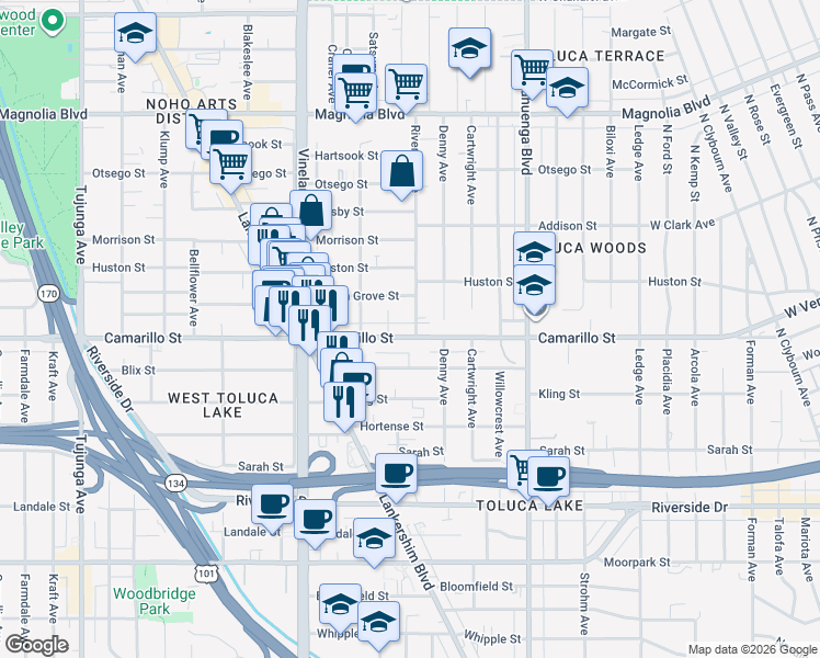 map of restaurants, bars, coffee shops, grocery stores, and more near 10815 Camarillo Street in Los Angeles