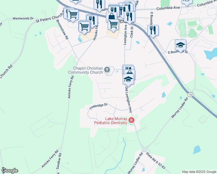 map of restaurants, bars, coffee shops, grocery stores, and more near 119 West Horn Court in Chapin
