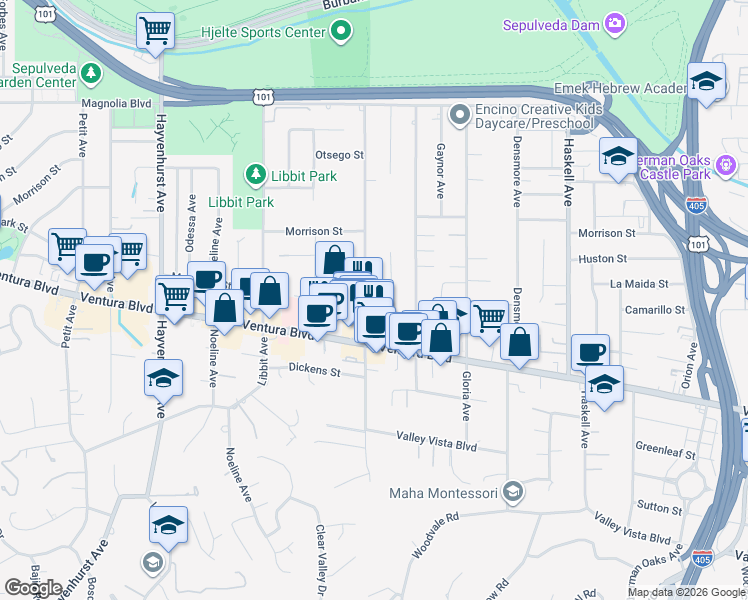 map of restaurants, bars, coffee shops, grocery stores, and more near 4826 Woodley Avenue in Los Angeles