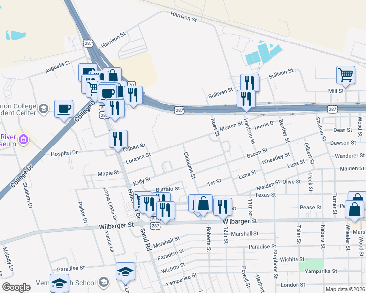 map of restaurants, bars, coffee shops, grocery stores, and more near 3805 Lorance Street in Vernon