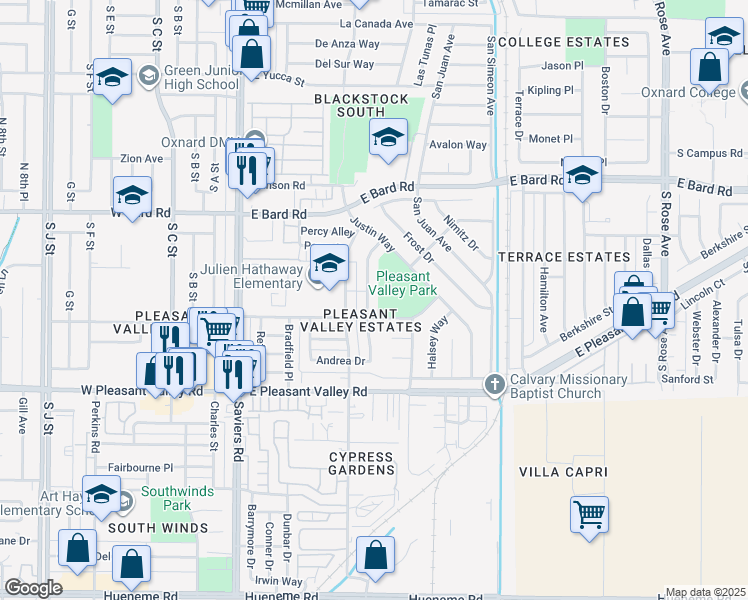 map of restaurants, bars, coffee shops, grocery stores, and more near 4630 Clover Drive in Oxnard