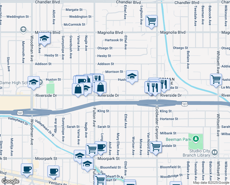 map of restaurants, bars, coffee shops, grocery stores, and more near 13141 Riverside Drive in Los Angeles