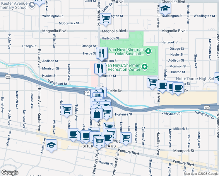 map of restaurants, bars, coffee shops, grocery stores, and more near 14419 Riverside Drive in Los Angeles